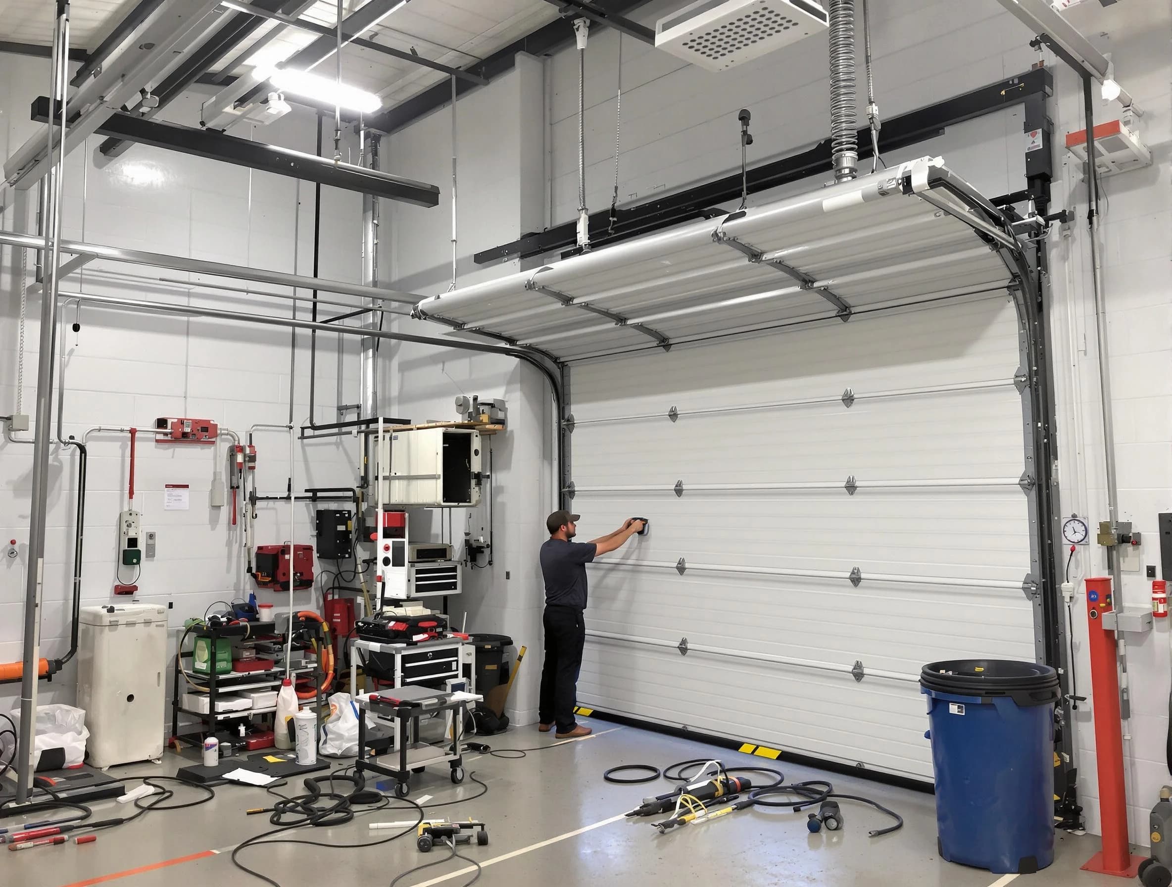 Rostraver Garage Door Repair certified technician performing commercial door repair at a Rostraver business facility
