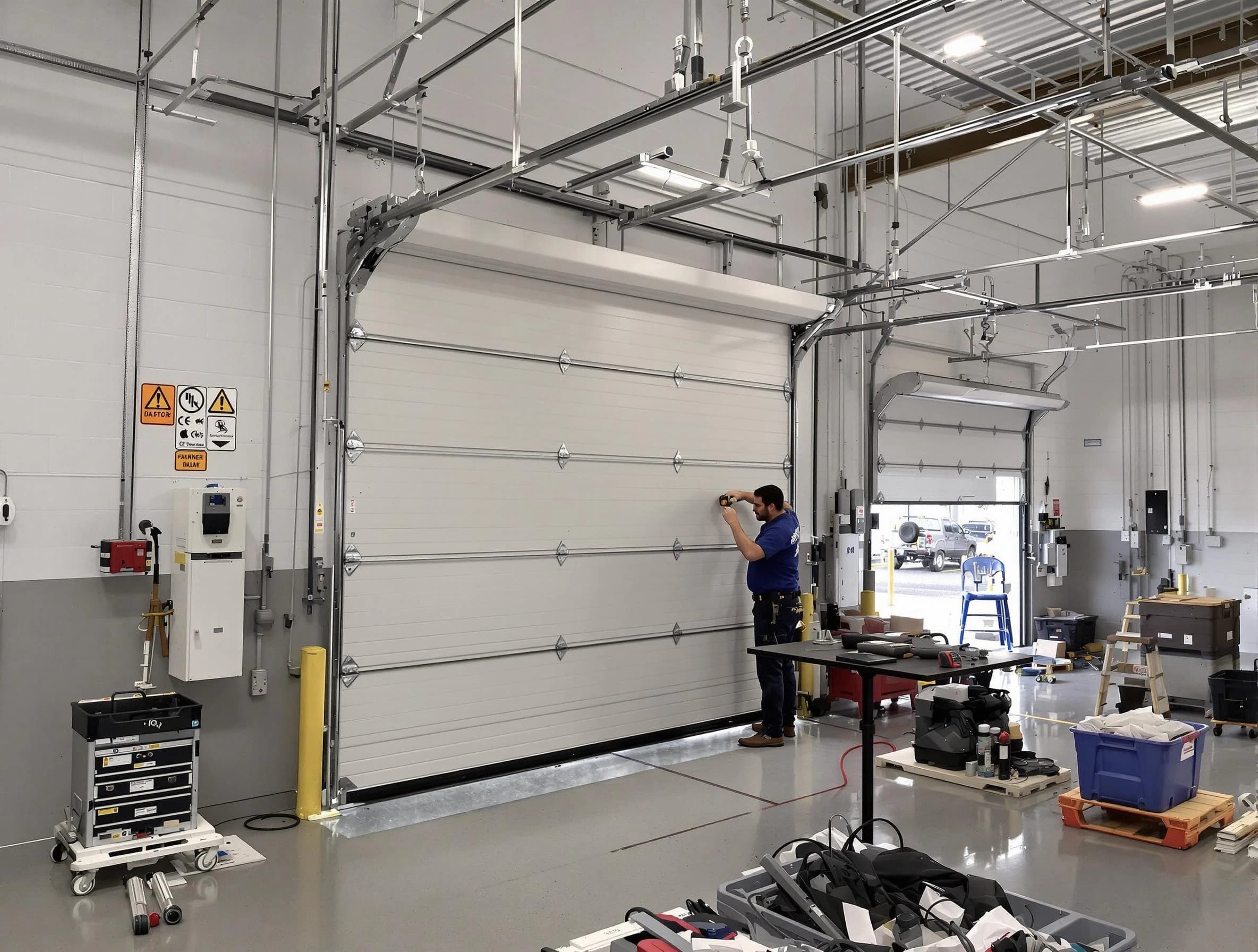 Commercial garage door repair being performed by Rostraver Garage Door Repair expert in Rostraver