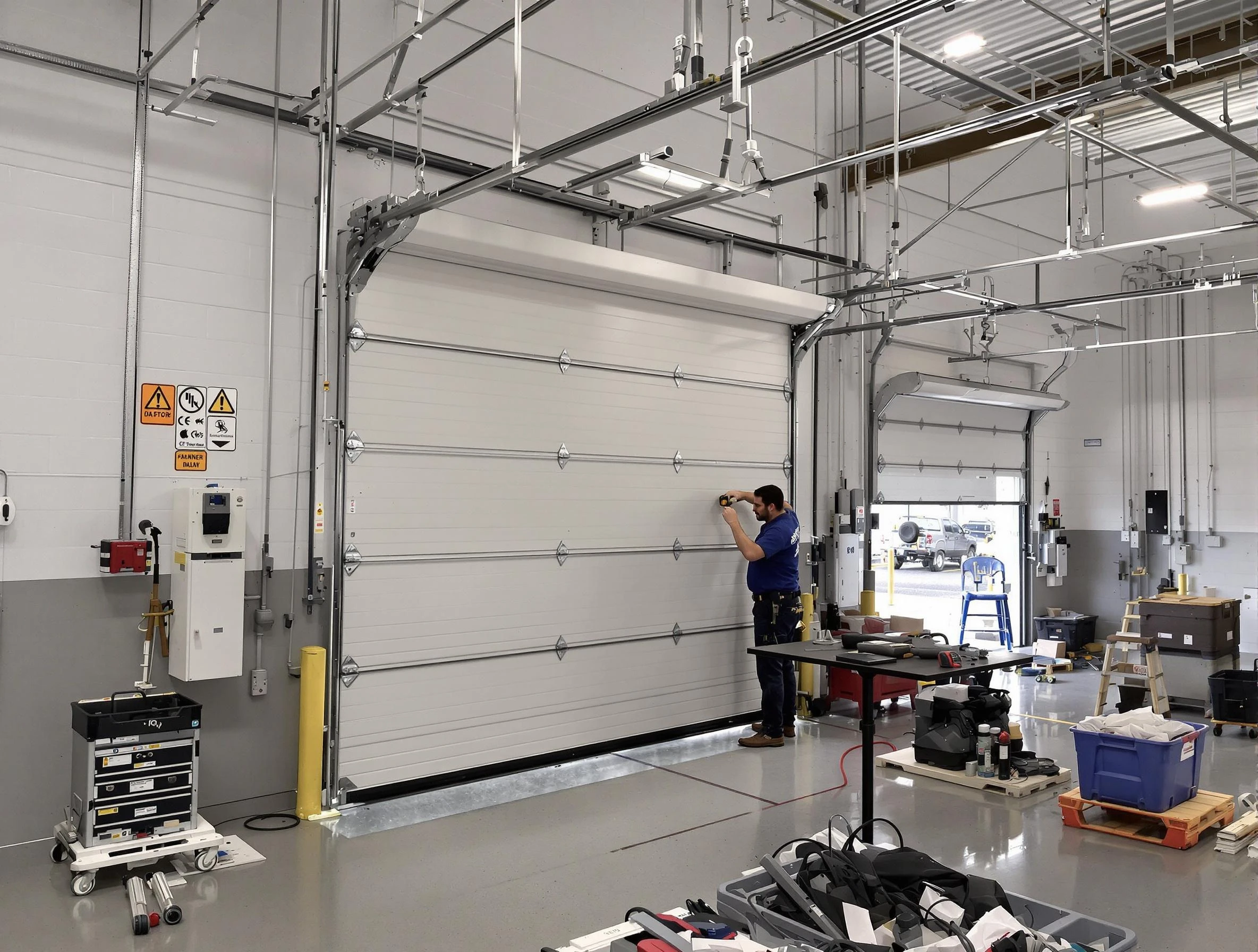 Commercial garage door repair being performed by Rostraver Garage Door Repair expert in Rostraver