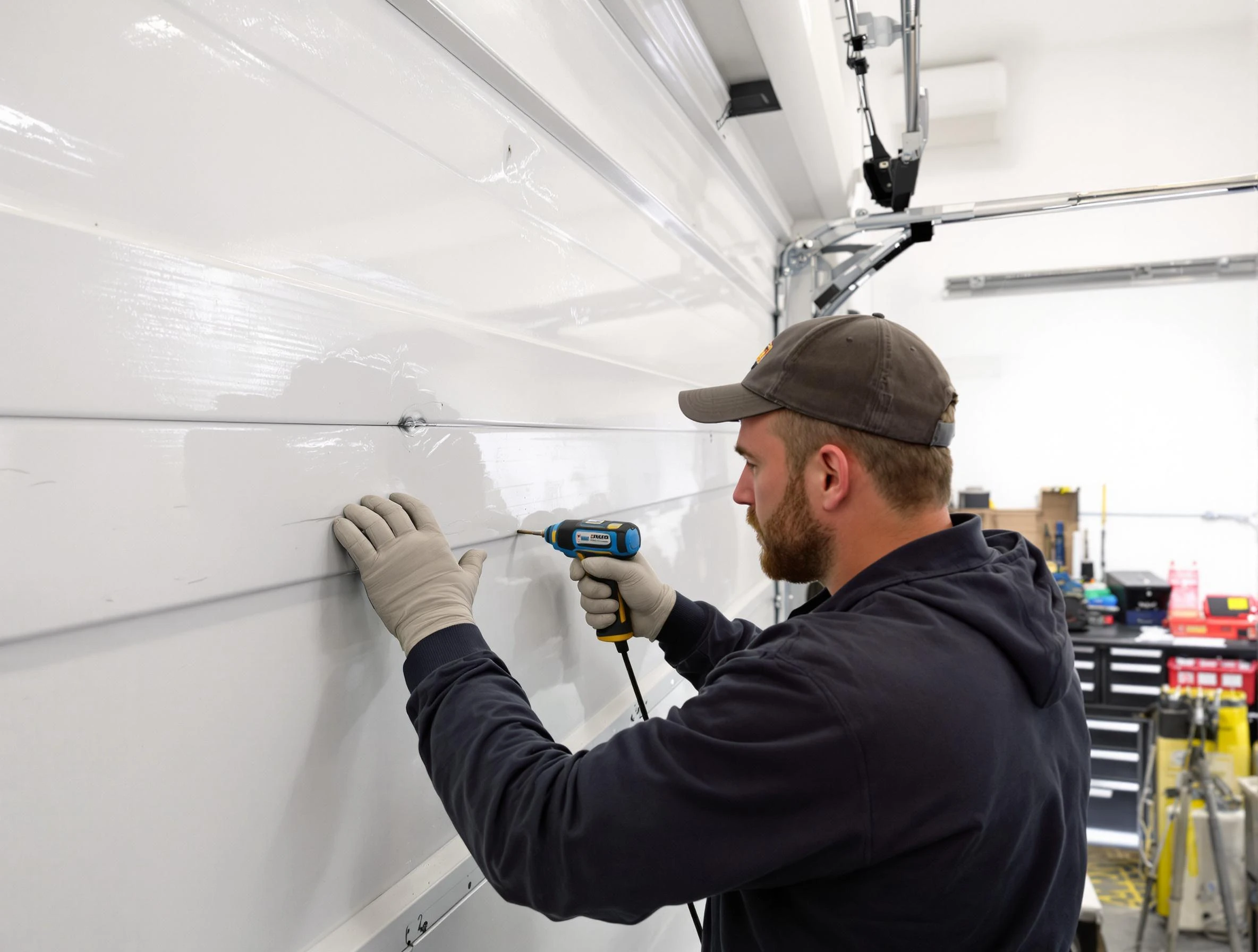 Rostraver Garage Door Repair technician demonstrating precision dent removal techniques on a Rostraver garage door